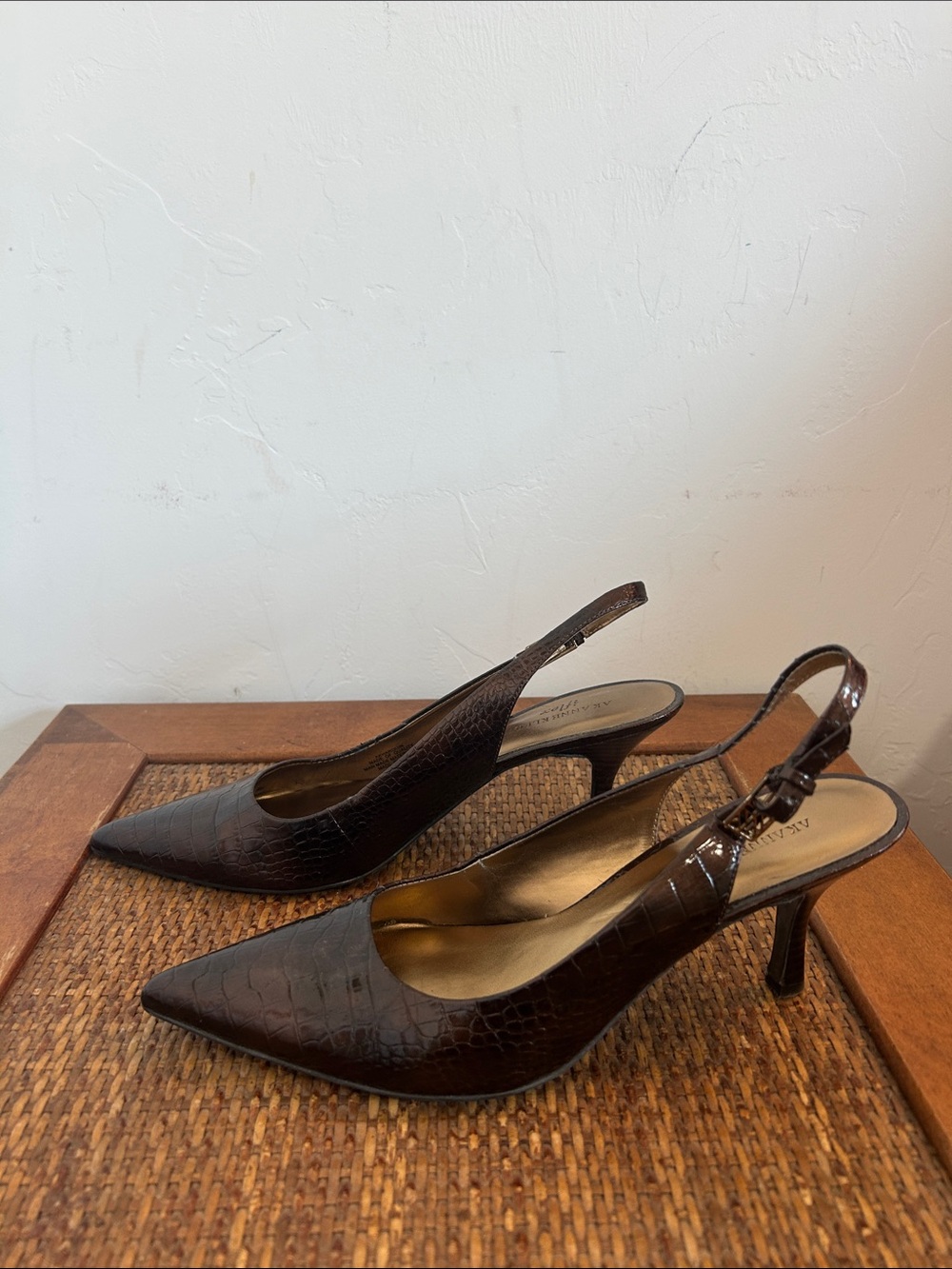 Anne Klein Brown Croc-Embossed Slingback Kitten Heels